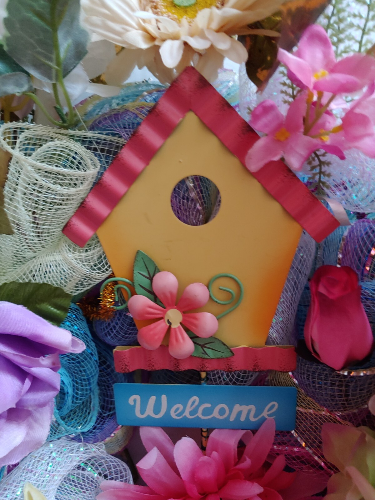 FREE Vibrant Colorful Floral Welcome Birdhouse Large 24″ Deco Mesh Wreath New