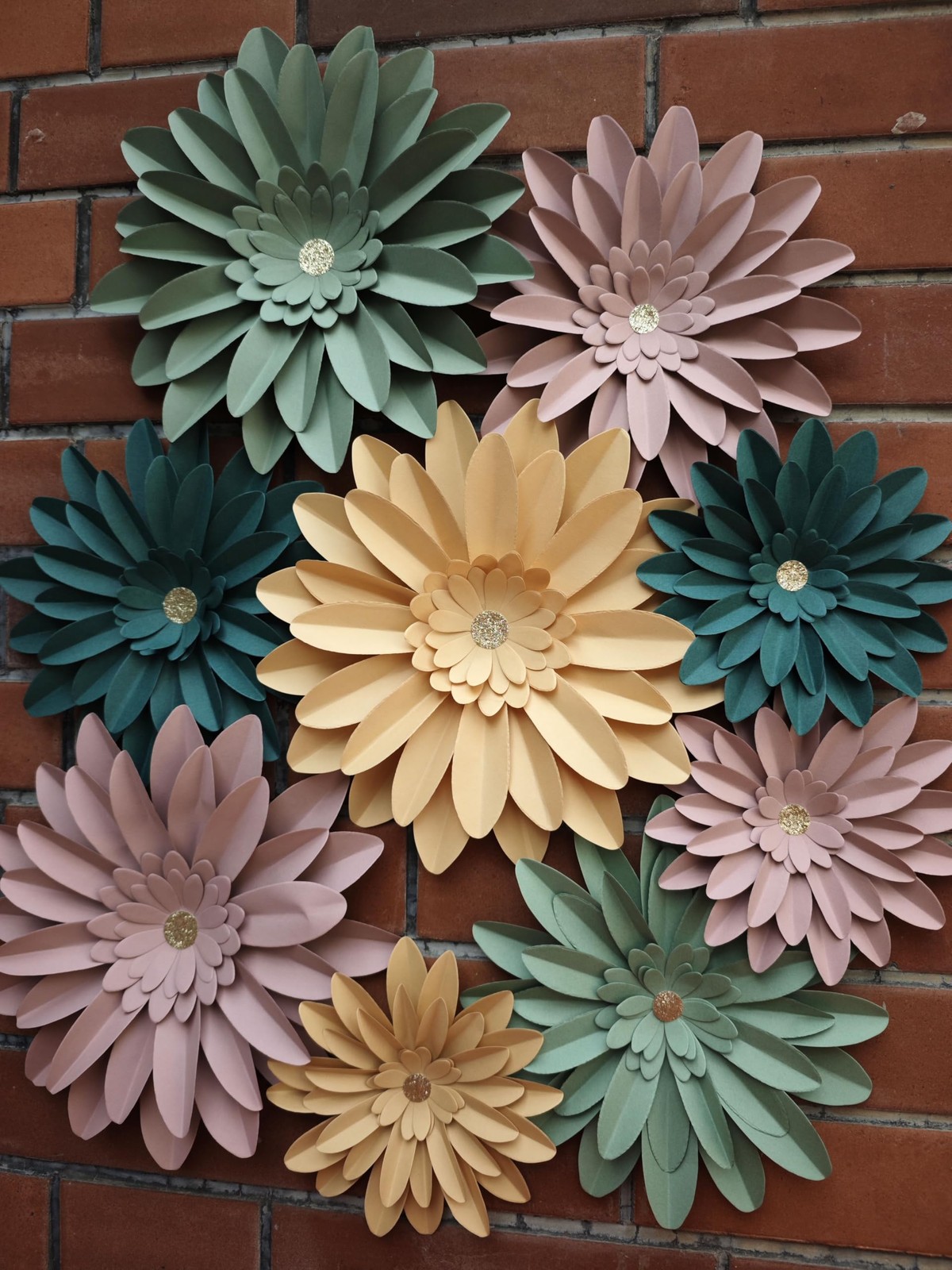 Dusty Pink-Sage Green-Mustard Yellow 3D Paper Flower Wall Decor Set of 9 – Ha…