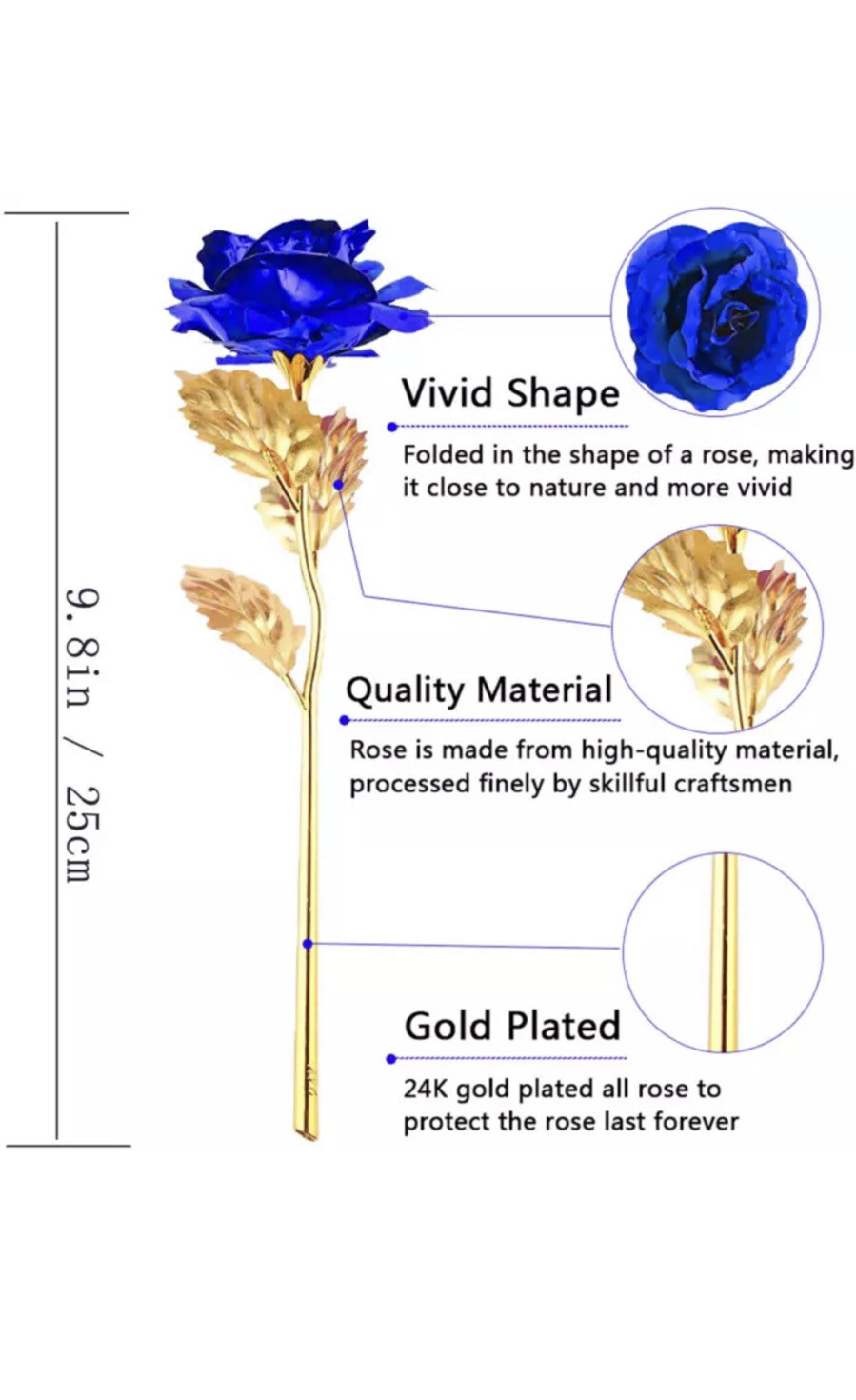 BEFINR 24K Gold Stemmed Blue Rose Artificial Forever Flower