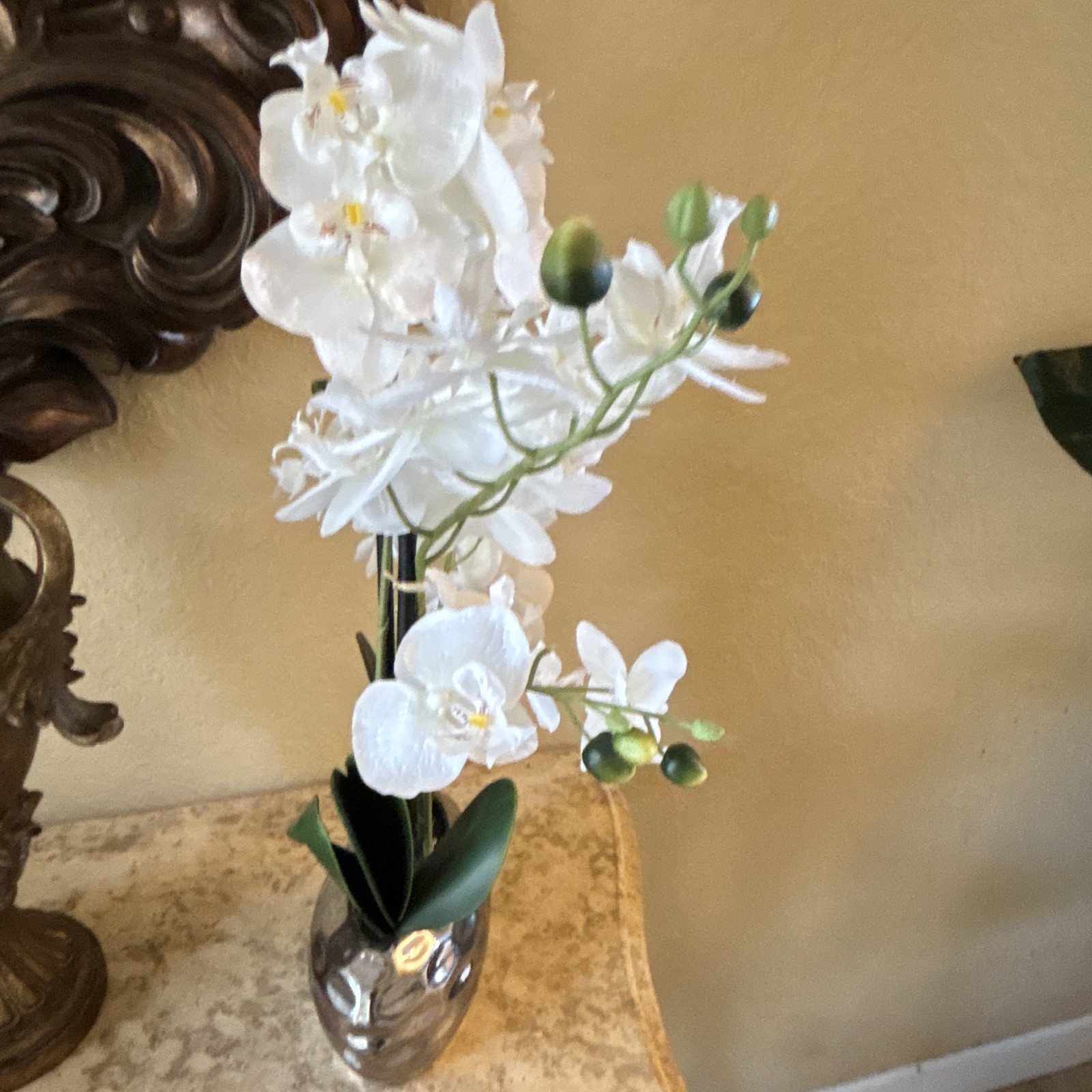 Artificial White & Green Orchid Flower Arrangement in Silver Vase Centerpiece