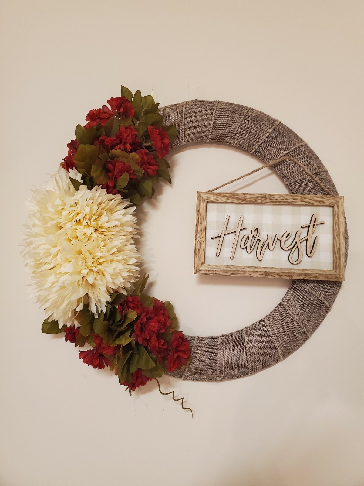 HARVEST fall FLOWER chrysanthemum mums red burlap WREATH autumn Decor Front Door