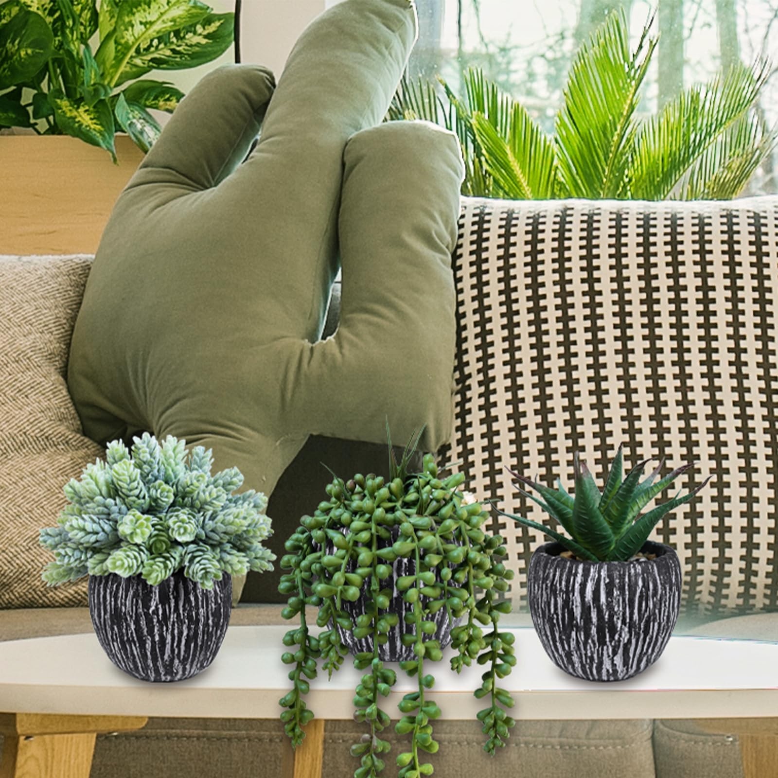 Set of 3 Artificial Succulent Plants in Black Pots Fake Hops Aloe String of P…