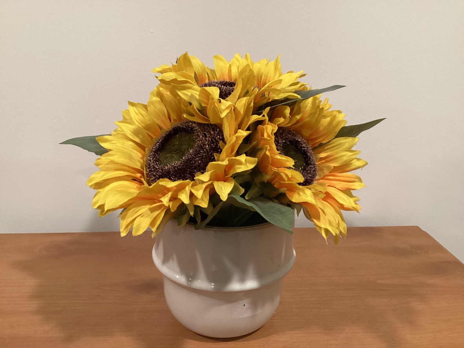 Sunflower Artificial Floral Arrangement In Ceramic Pot. Approx 11” tall.