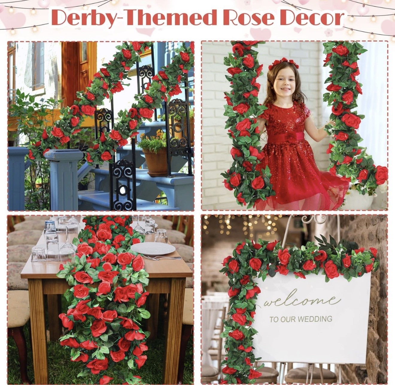Aneco 8 Pack 64 FT Red Flower Garland Kentucky Artificial Rose Vines Derby Ro…