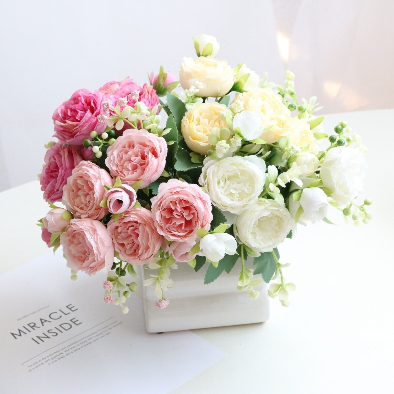2 Bunches 9 Heads Silk Peony Artificial Flowers Wedding Bouquet Home Party Decor