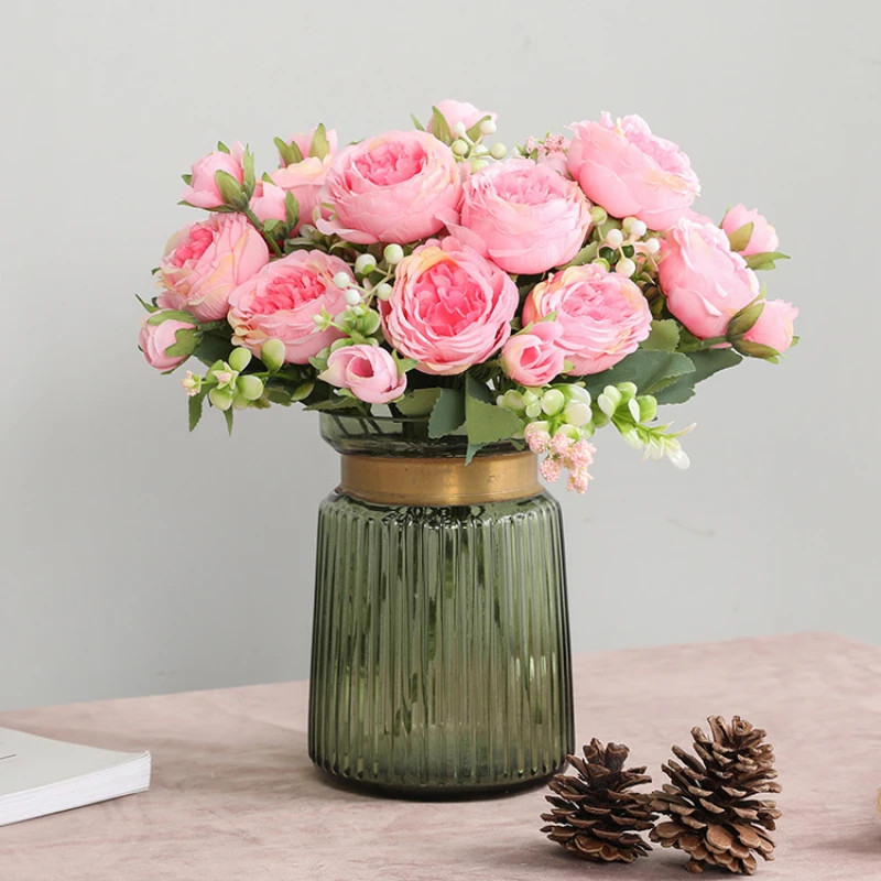 Hot Selling 1pcs/30cm Rose Pink Silk Bouquet Peony Artificial Flower 5 Big Head