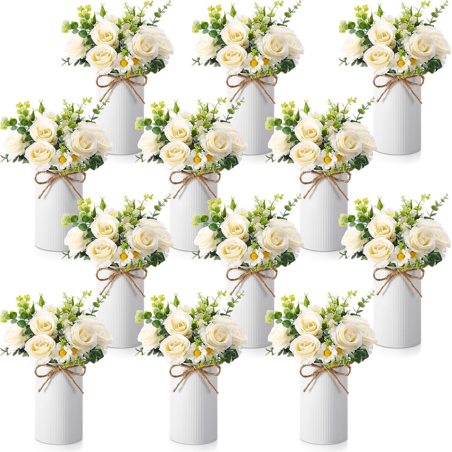 Elegant White Silk Rose Centerpieces with Metal Vases for Weddings & Parties