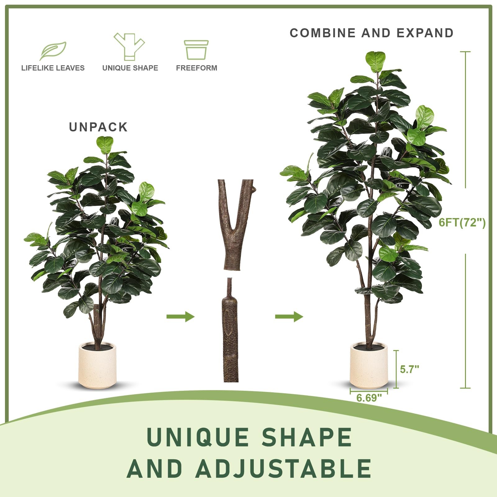 Fiddle Leaf Fig Tree Artificial – 6ft Faux Fiddle Leaf Fig Tree with White Pl…