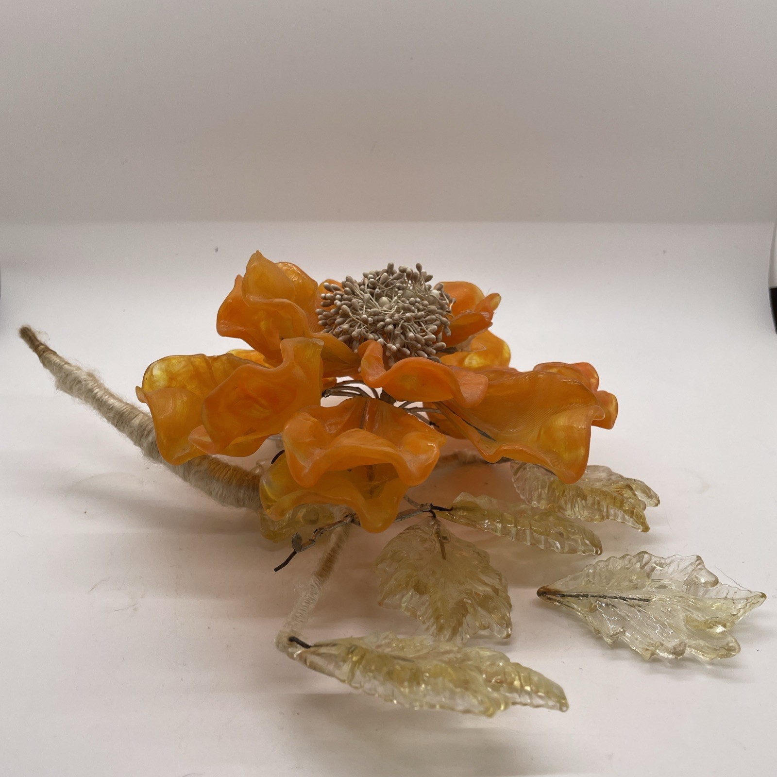 Vintage Art Glass Orange Peony 8×9” Some Damage