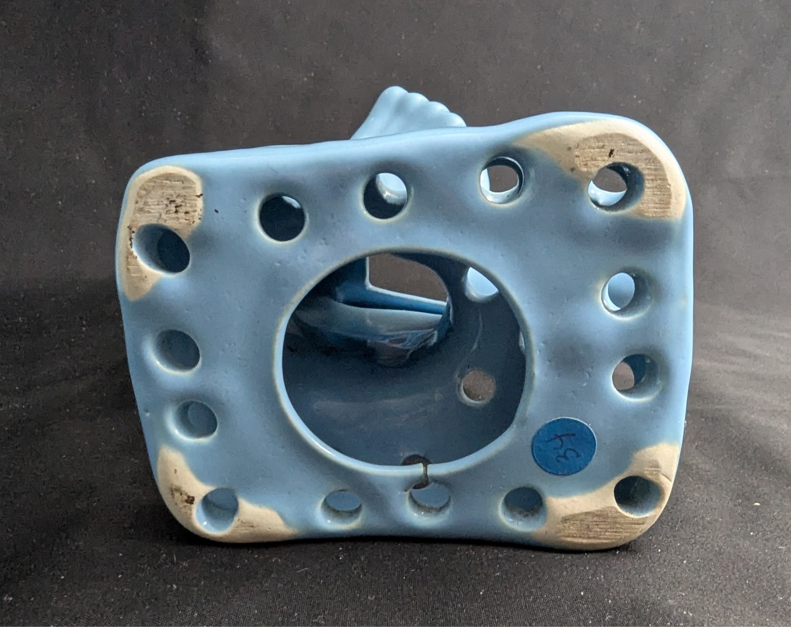 Vtg Camark Art Pottery Blue Shallow Bowl Planter & Bird Flower Frog Set (S4)