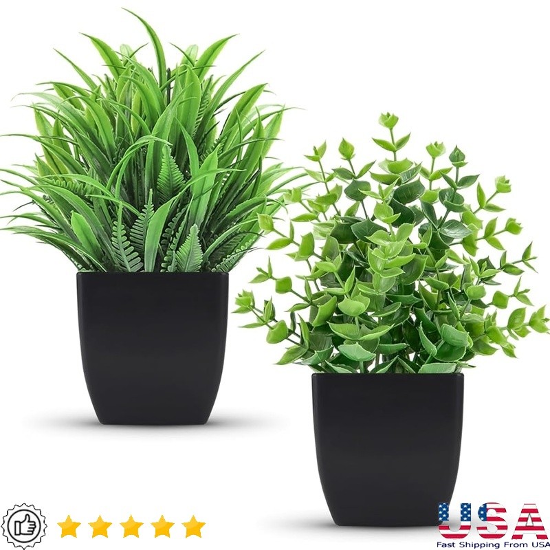 2 Pcs Eucalyptus Fake Plants in Black Pots Artificial Indoor Decor Home Office