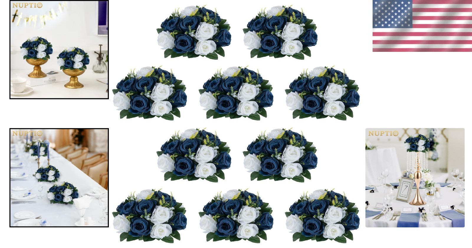 Silk Fake Rose Balls – Navy Blue & White – Set of 10