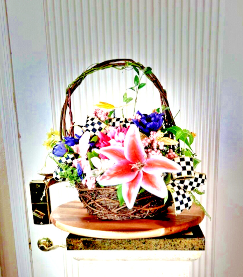 Spring-Summer Silk Flower Basket, Realistic Silk Basket, Tabletop Decor, Gifts