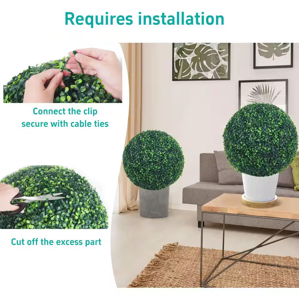 15.5 In. Green Artificial Boxwood Grass Balls 2 Balls Artificial Plant Topiary B