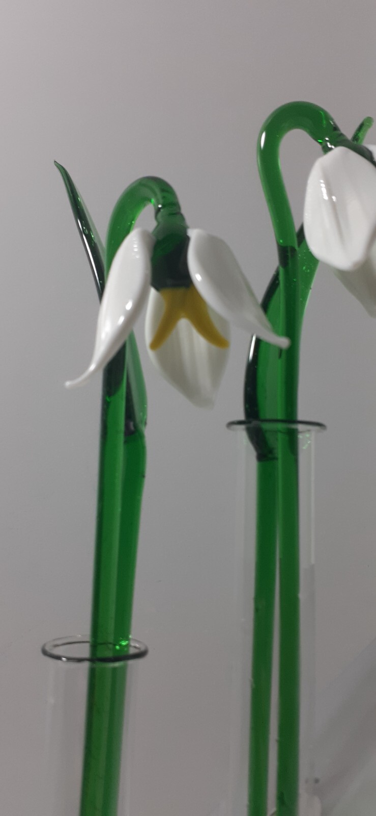Art Glass Snowdrops Flowers Sculptures with Green Leaves & Tube Vase Home Decor