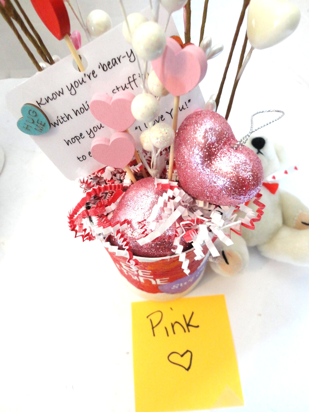 Valentine Small Table Floral Arrangement with Bear ( Handmade)