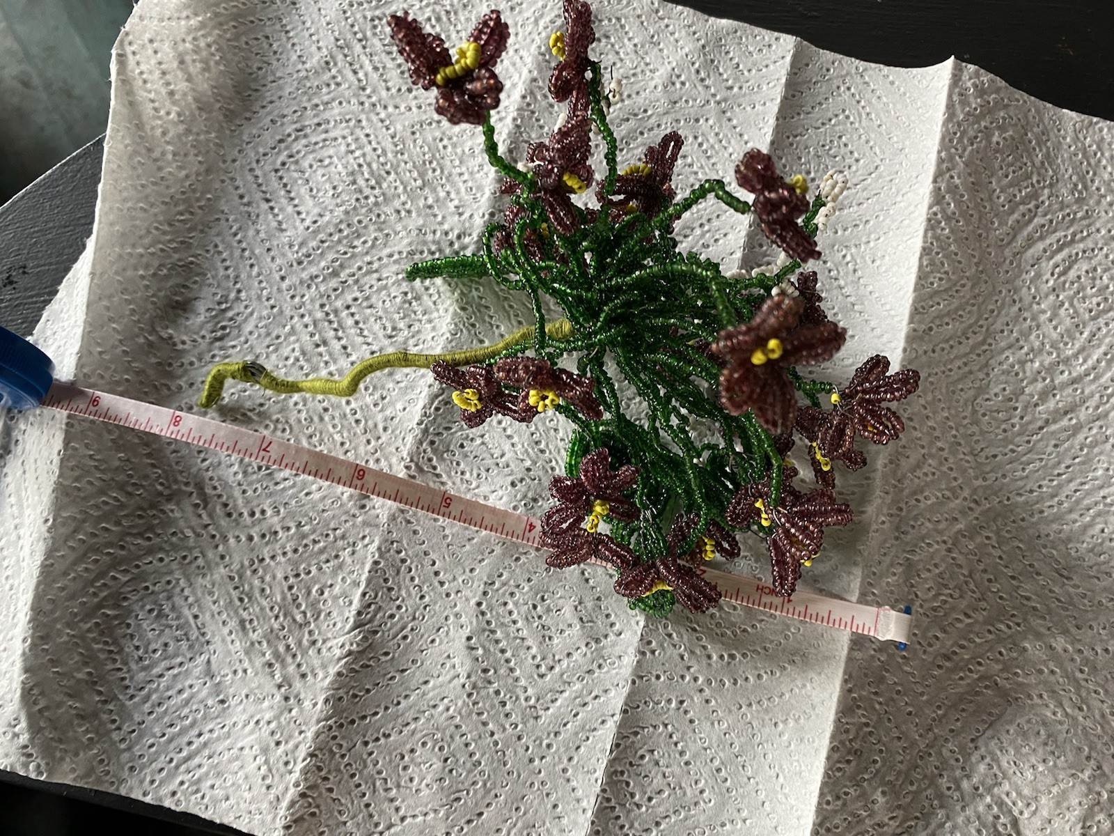 Vtg French Glass Beaded Purple Green Yellow Flower Bouquet Floral Arrangement