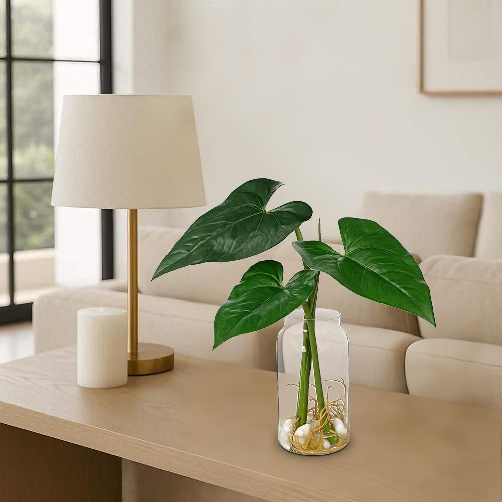 Artificial Tropical Plant in Glass Vase with Faux Water & Pebble – 16.5″ Fake…