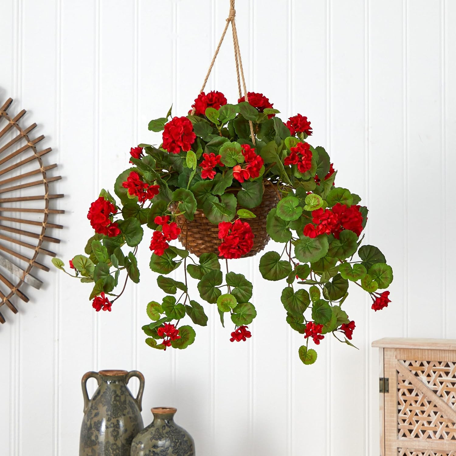 24In Artificial Geranium Hanging Basket Faux Floral Plant for Indoor Home Porch