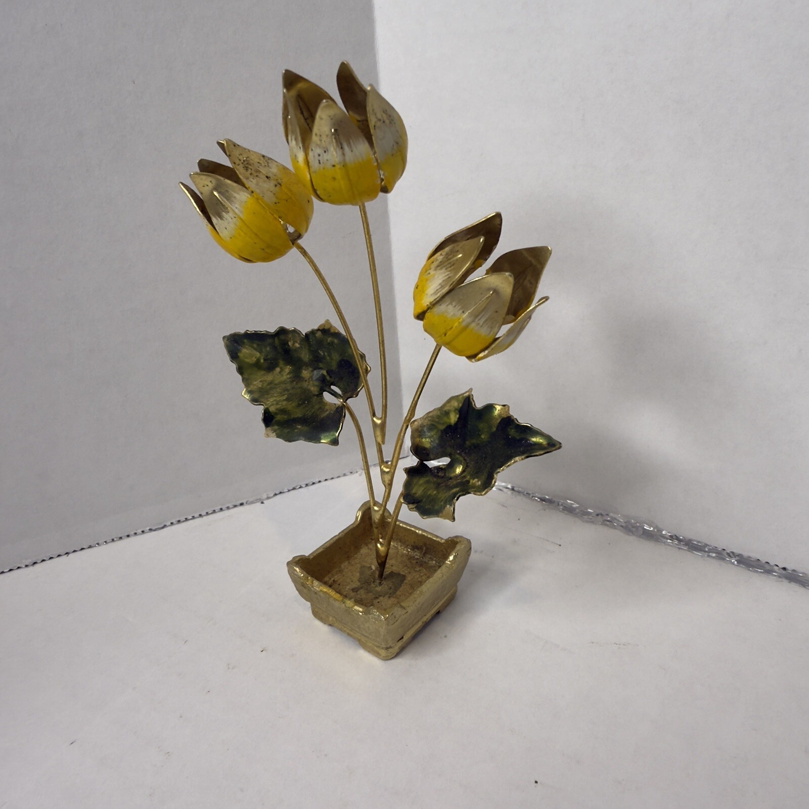 Vintage Chinese Brass and Enamel Flower Arrangement Tulips