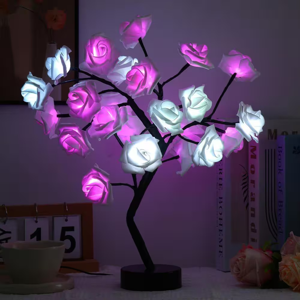 Artificial Rose Flower Tree LED Night Light Bonsai Style Tabletop Tree in Pot fo