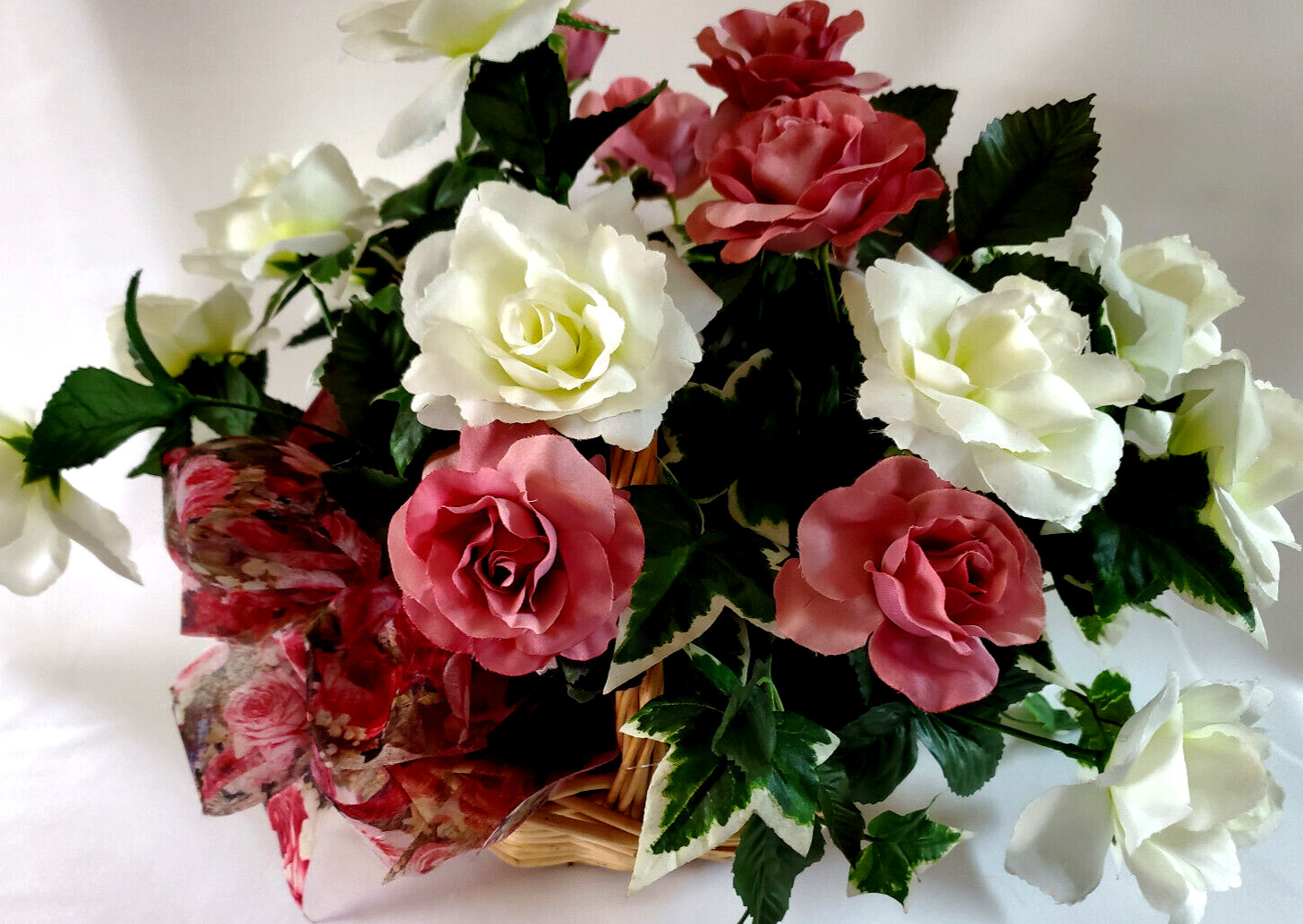 Fresh Spring Garden Pink & White Roses Silk Floral Arrangement in a Woven Basket
