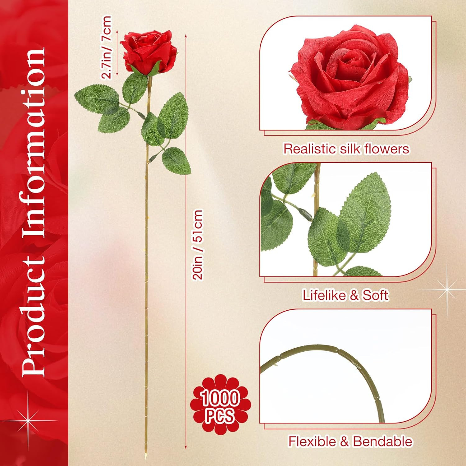 1000 Pcs Red Silk Roses – Realistic Faux Flowers for Weddings & Events