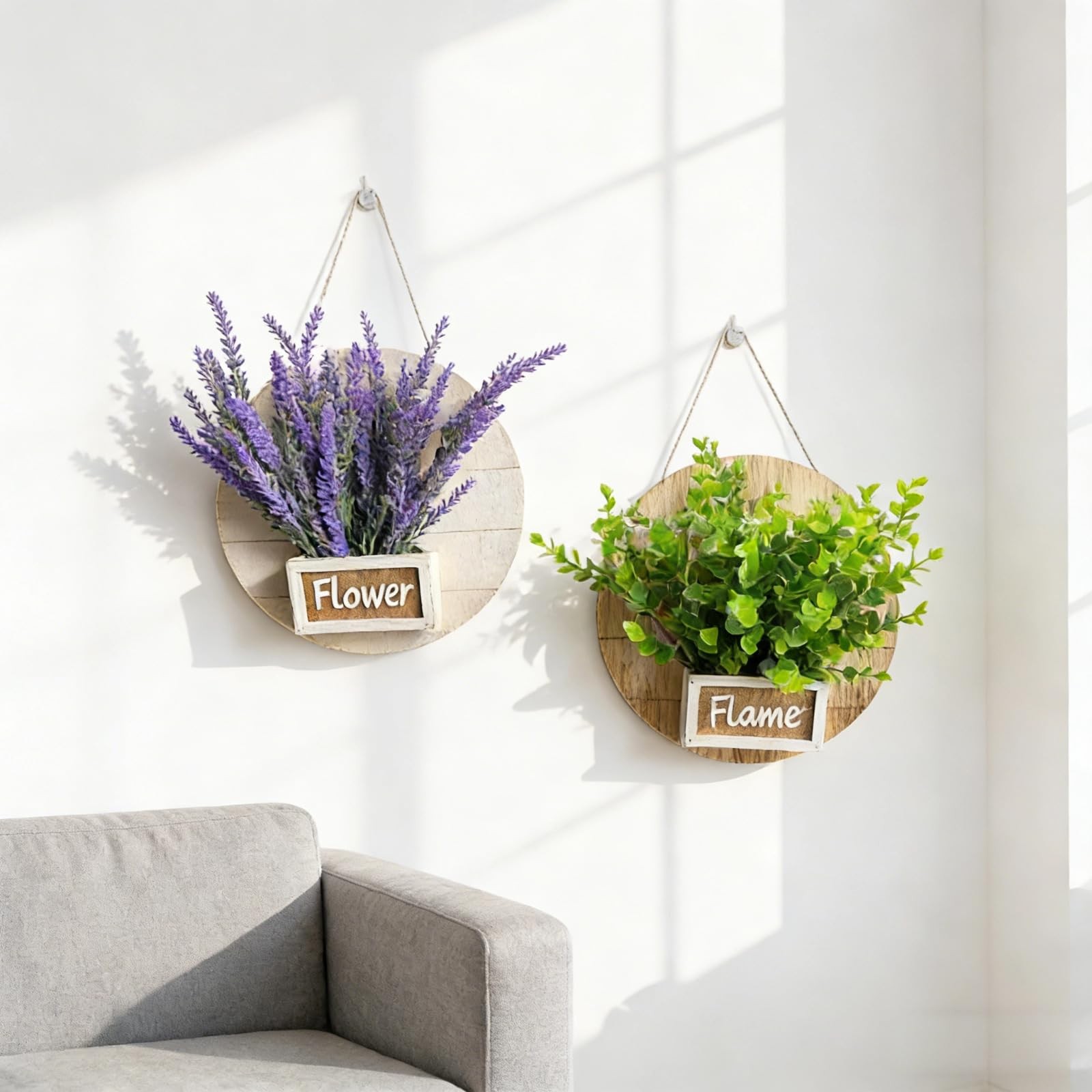 2 Pack Hanging Wood Wall Planter Vase with Artificial Eucalyptus and Lavender…