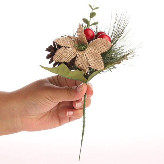 Pack of 6 Burlap Poinsettia, Pinecone and Berry 8-1/2″ Floral Picks