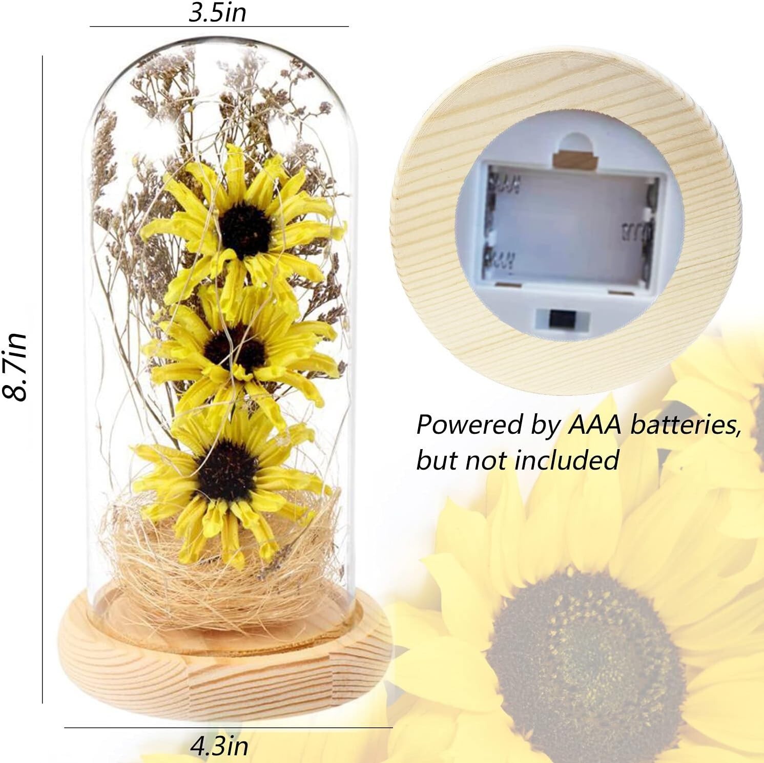 Girasol artificial en cúpula de cristal tira de luz LED,expresa tu amor regalo,.