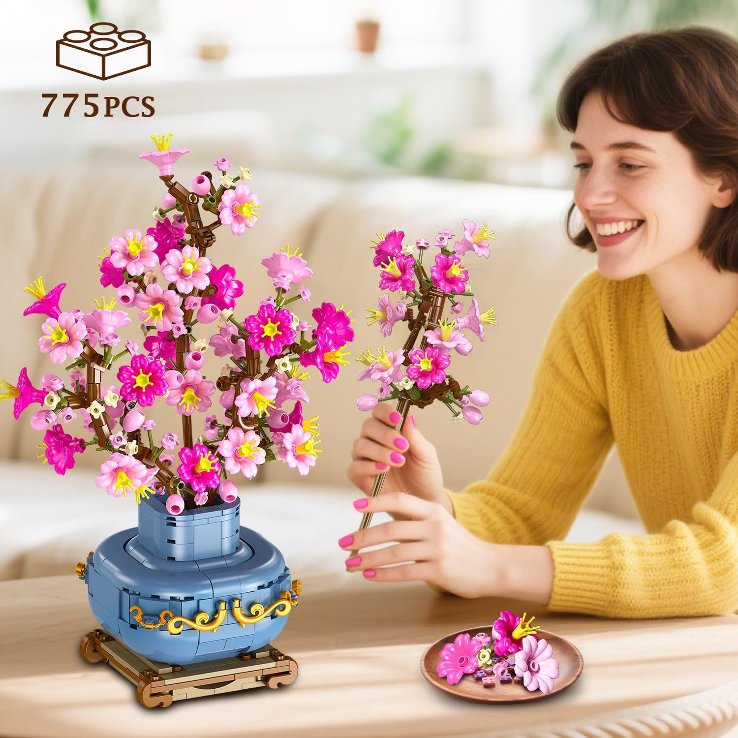 Flowers Cherry-Blossom Bonsai Building Set – 2 in 1 Artificial Bonsai Tree Plant