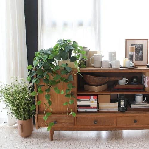 Fake Pothos Hanging Plants – 33″ Set of 2 Faux Ivy Vines with Green Pothos