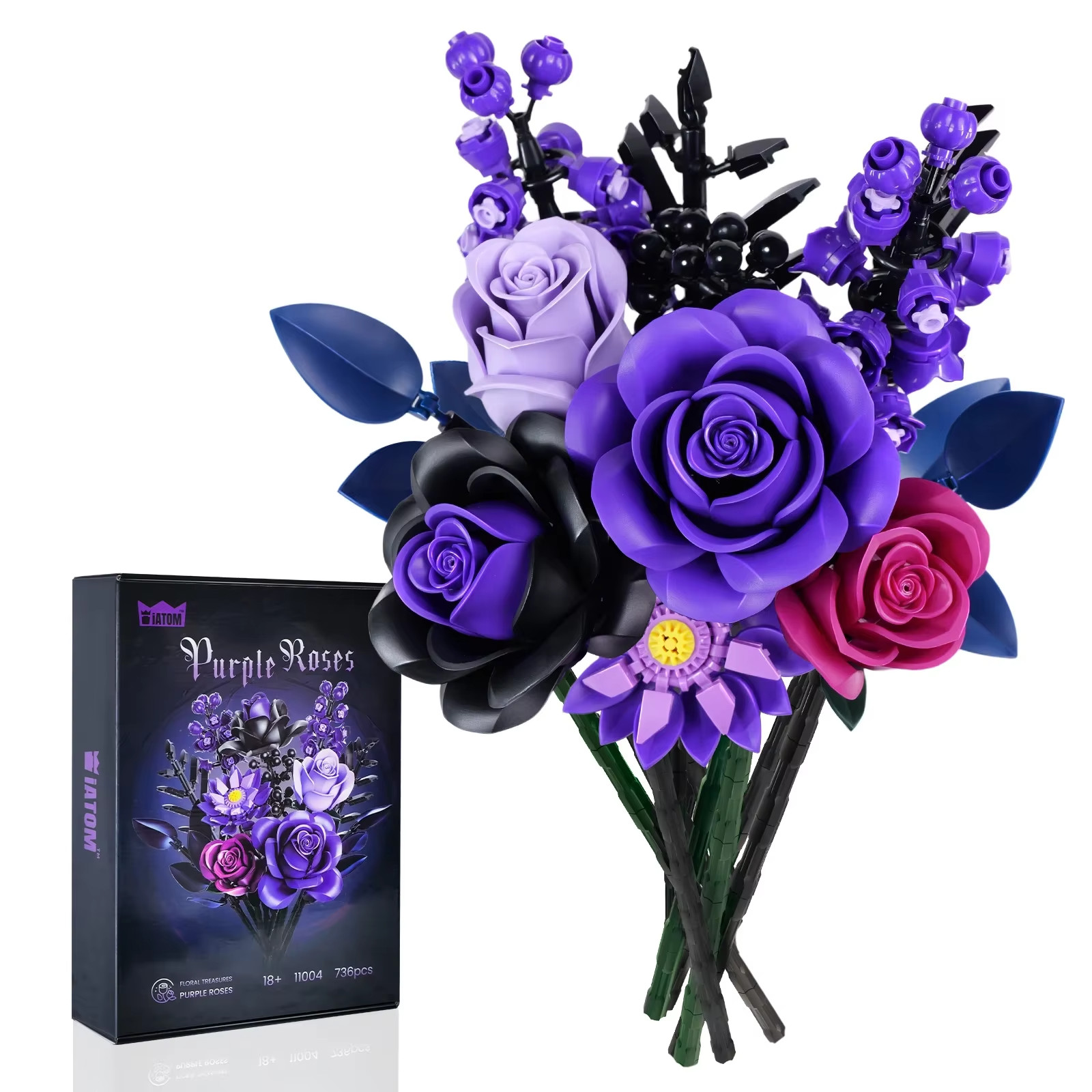 Purple Rose Botanical Building Block Set,Gothic Decor Artificial Rose Flower