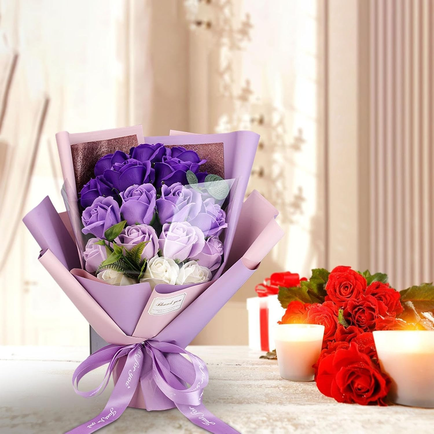 Roses Bouquet Artificial Flower – Preserved Red Rose Flowers with Love Necklace