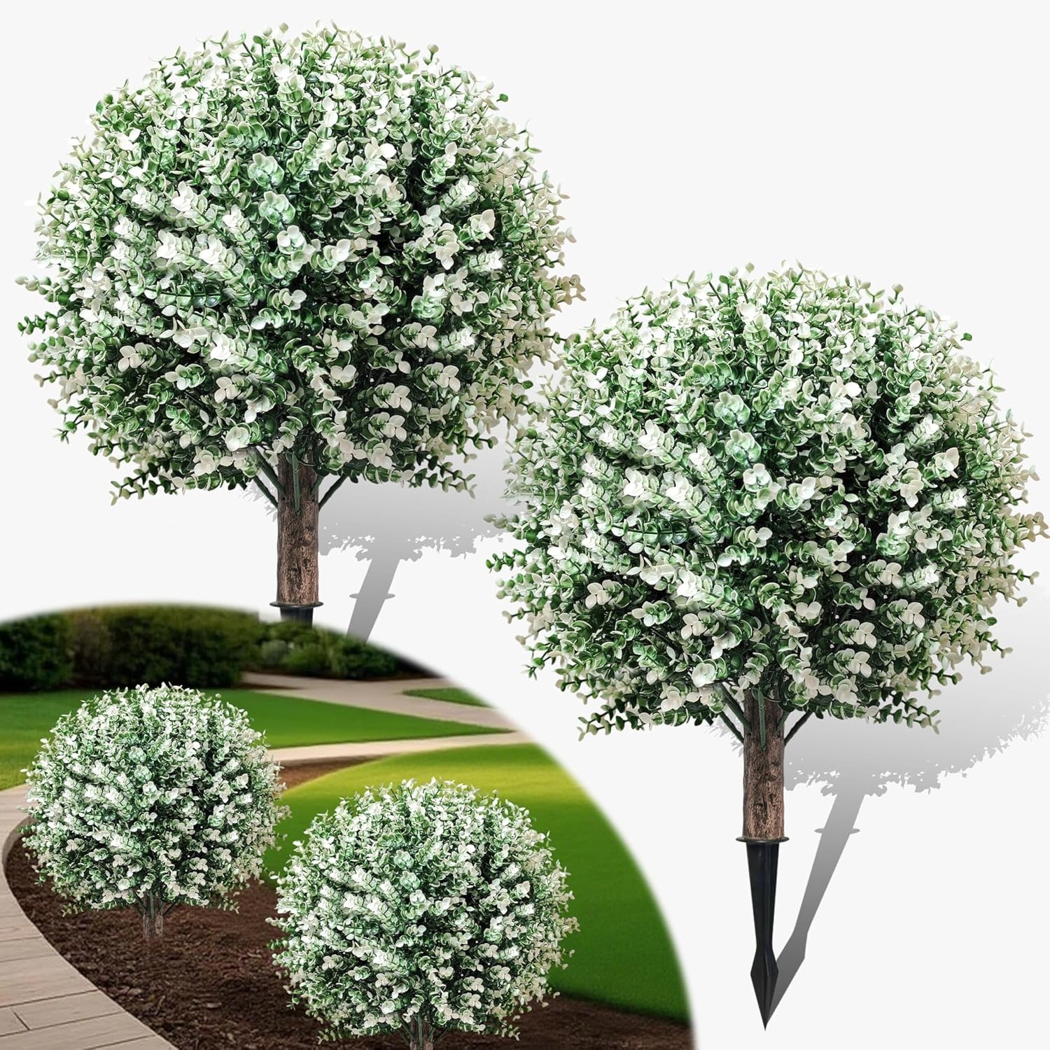 Artificial Boxwood Topiary Ball Trees, 2 Pack 24.5″ Faux Plants, Bushes Shrub…