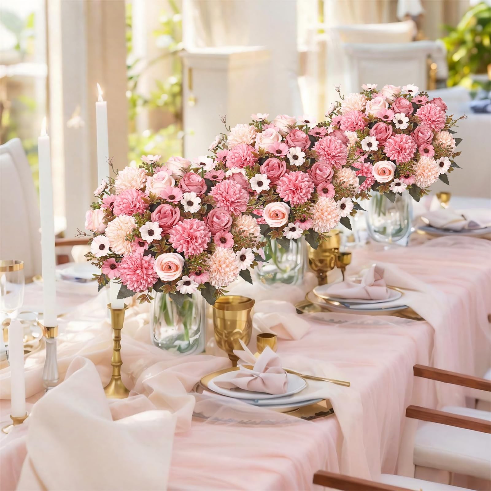 Artificial Fake Flowers,4PCS Pink Artificial Flower Bouquet with Chrysanthemu…