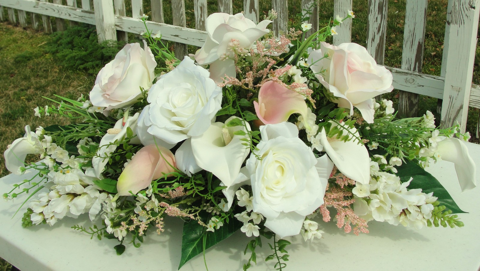 Pale Pink White Silk Flowers Centerpiece Spray Arrangement Wedding Floral Oblong