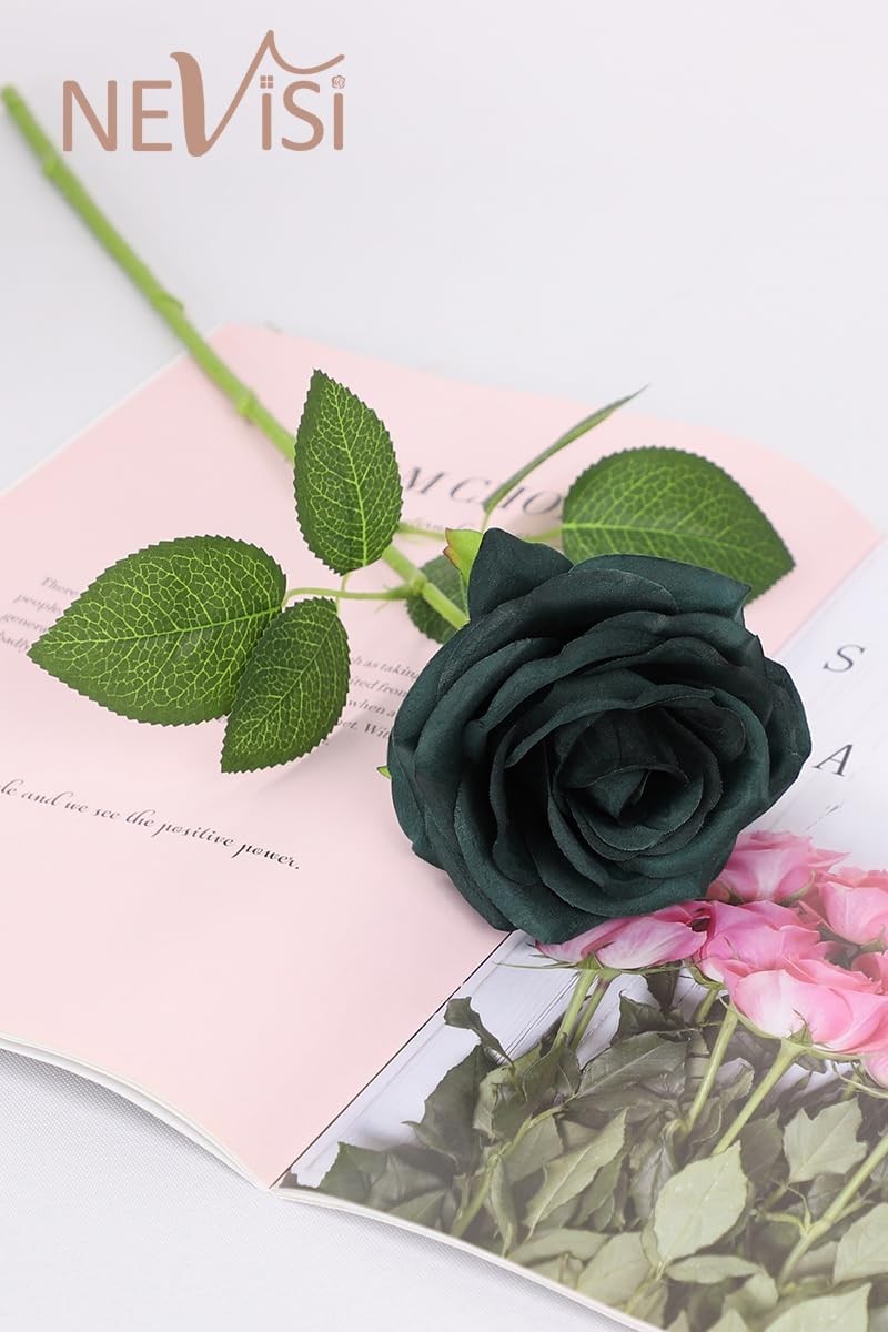12 Emerald Green Artificial Silk Roses – Realistic Fake Flowers for DIY Wedding