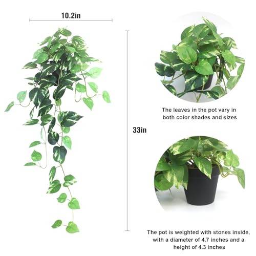 Fake Pothos Hanging Plants – 33″ Set of 2 Artificial Silk Ivy Golden Green