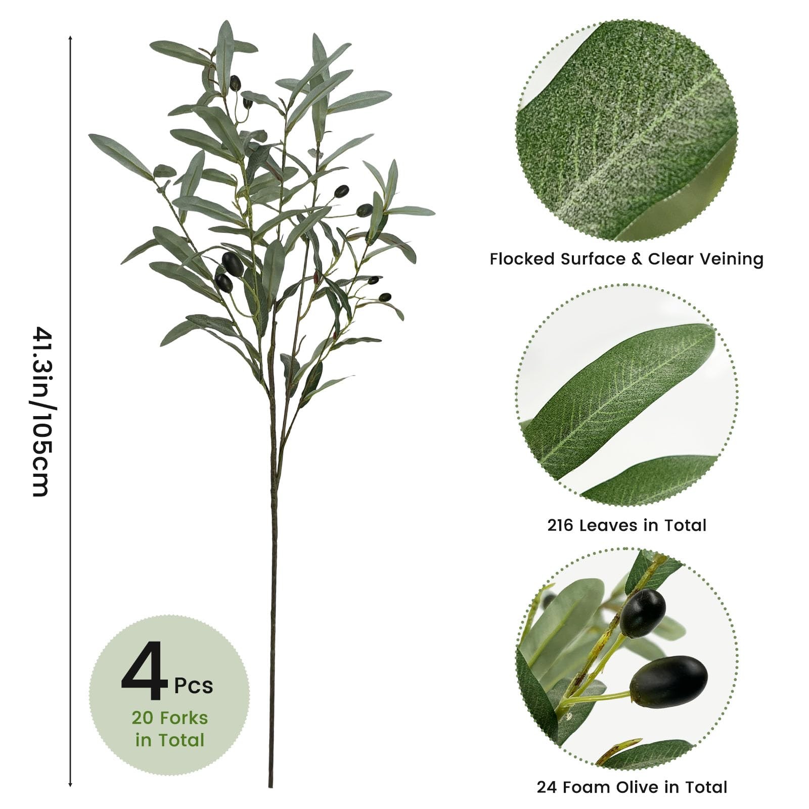 4 Pack 41.3in Faux Olive Branches with Flocked Realistic Leaves,Large Tall Ar…