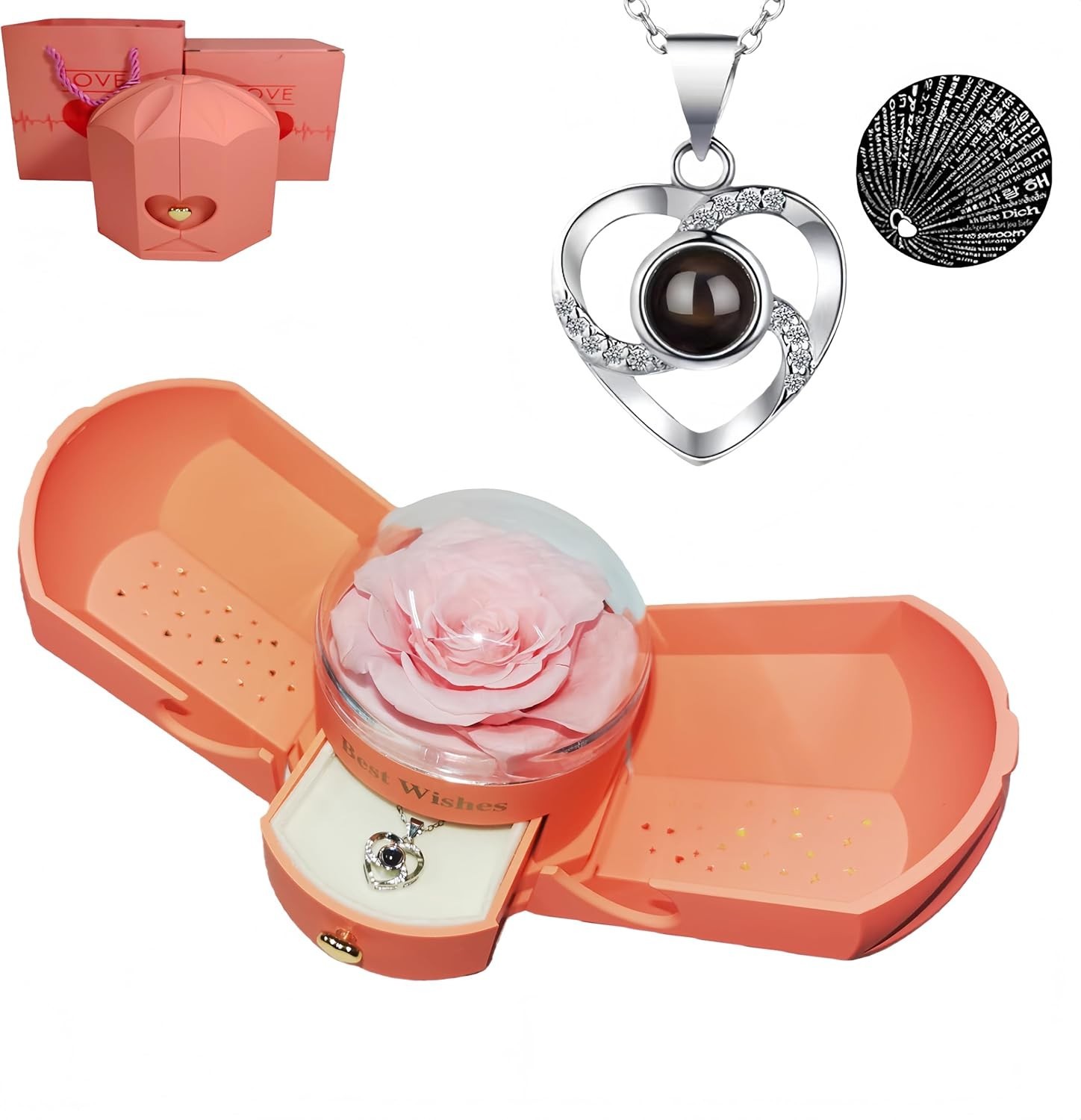 Preserved Red Real Rose with Heart Necklace I Love You in 100 Languages