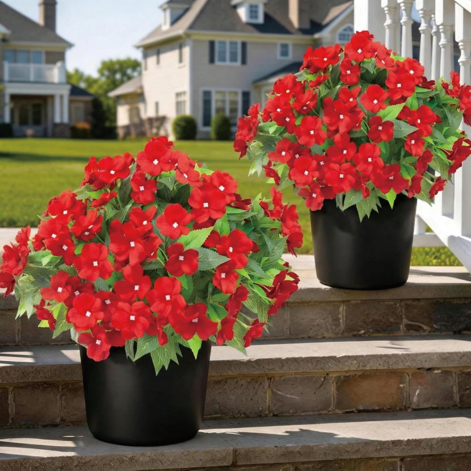 2 Set Potted Artificial Impatiens Topiary – Faux Silk Flower Potted Plants fo…