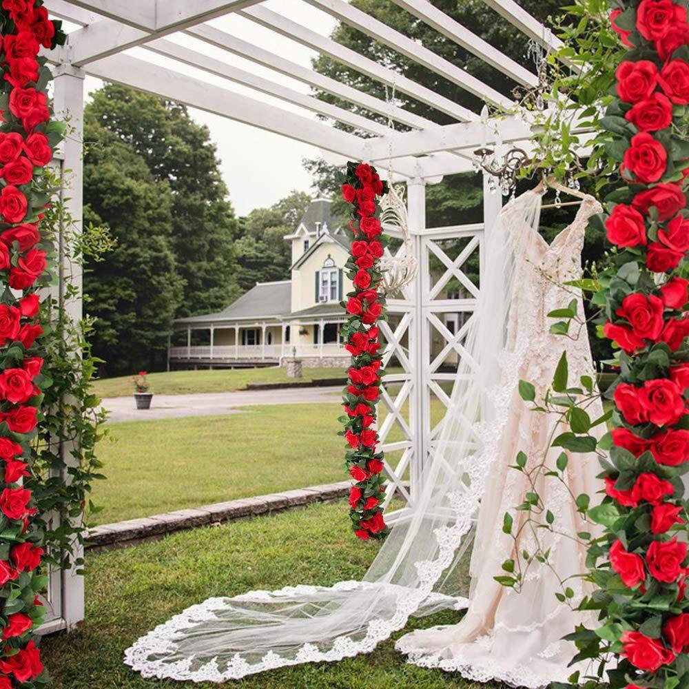 4.72 In. Red Artificial Rose Vine Silk Flower Garland 4-Pieces with Greenery Pla