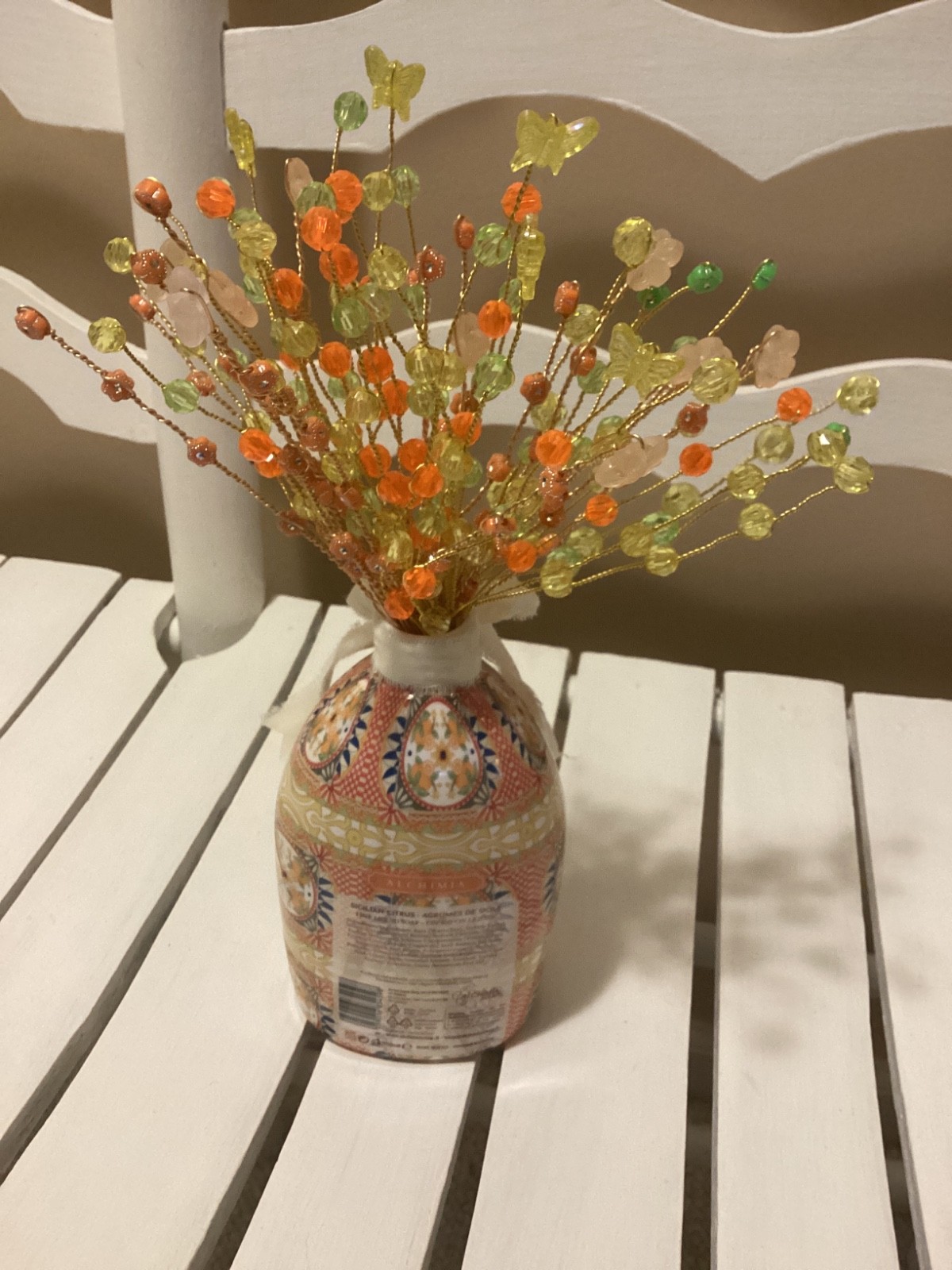 HANDMADE WIRE BEADED BOUQUET HOME DECOR YELLOW ORANGE GREEN WITH BOW
