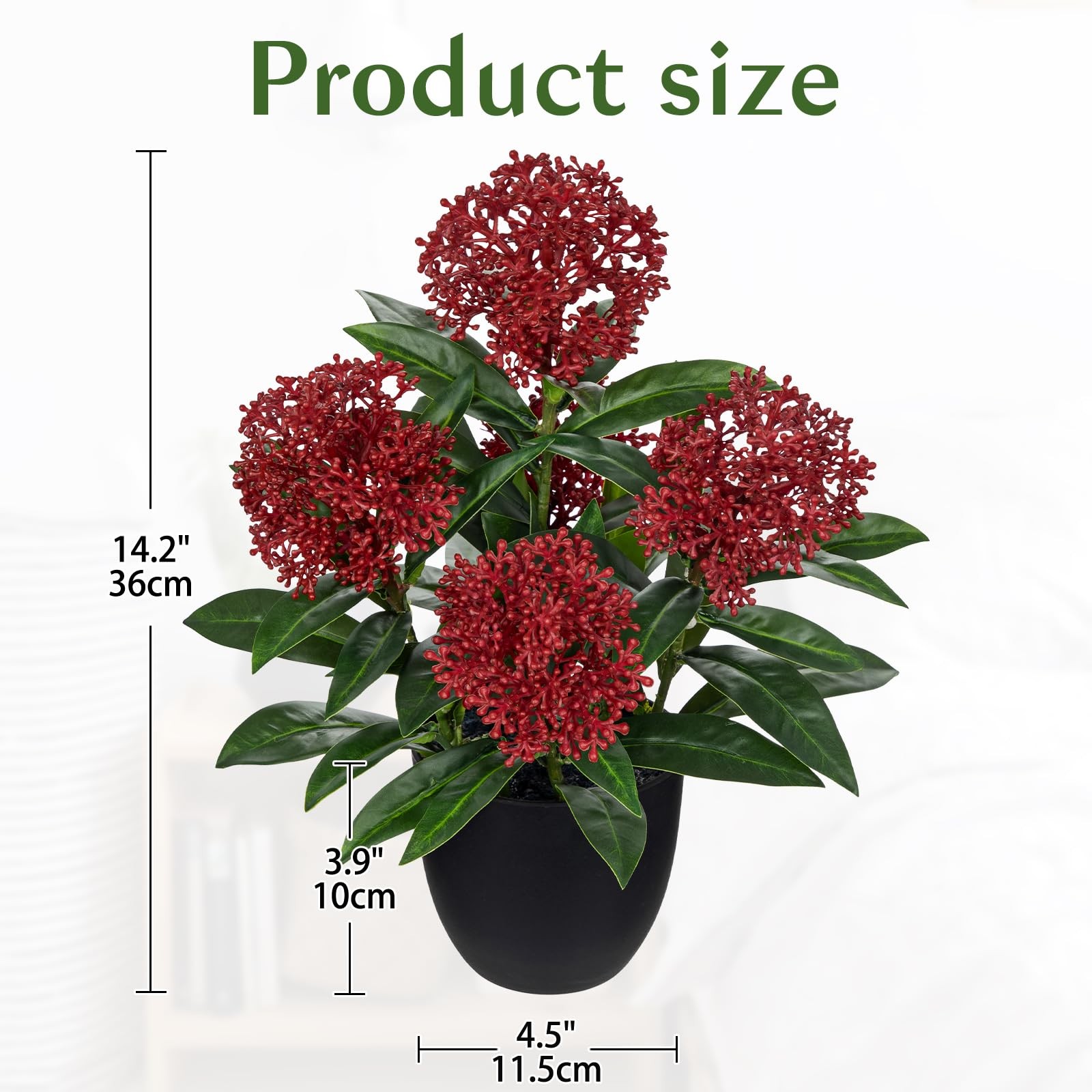 Red Artificial Potted Flowers 14.2 Inch Faux Skimmia Japonica Silk Floral