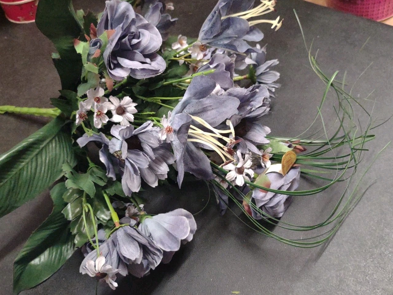 16″ Silk Floral Arrangement Bush, 14 Stems, Rose/Daisy/Tiger Lily, Country Blue
