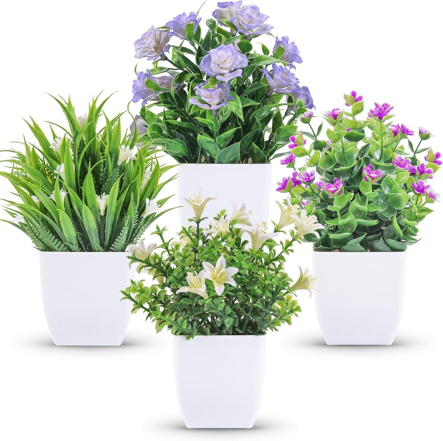 4 Pack Small Fake Plants Mini Artificial Faux Plants Indoor with Flowers Spring