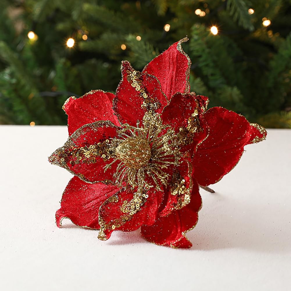 6 Pcs Poinsettia Artificial Flowers Tree Ornaments Velvet Glitter Red