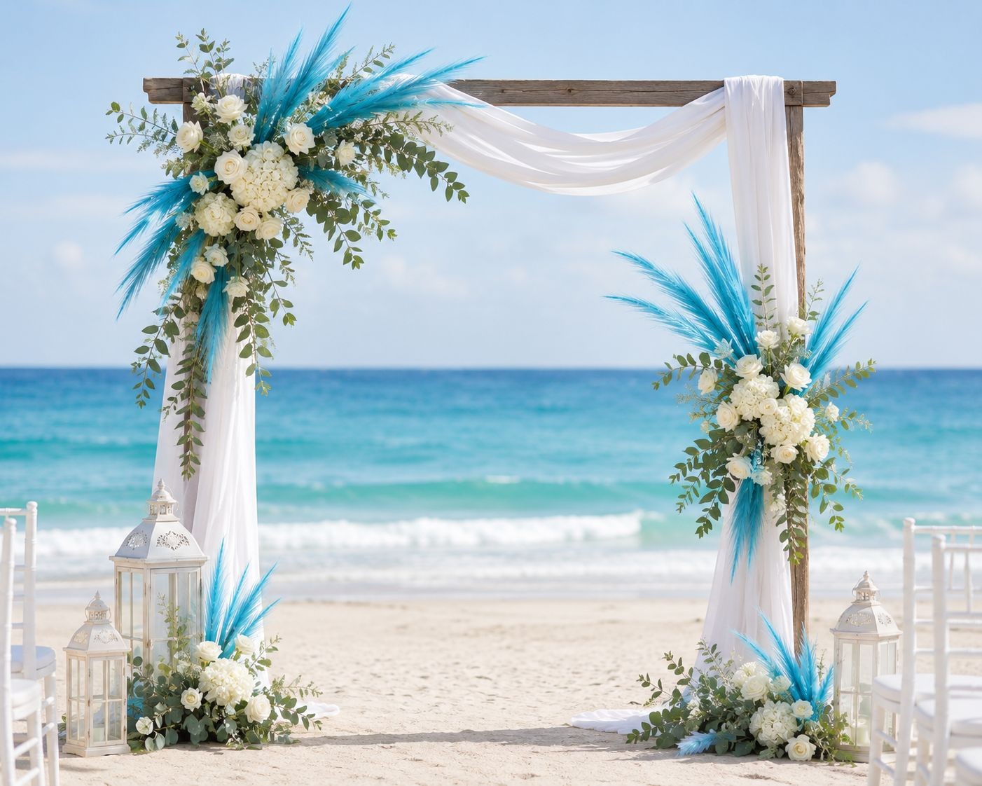 Turquoise Blue Artificial Pampas Grass 16 Inch 13 Stem Bunch, Wispy Coastal Vase
