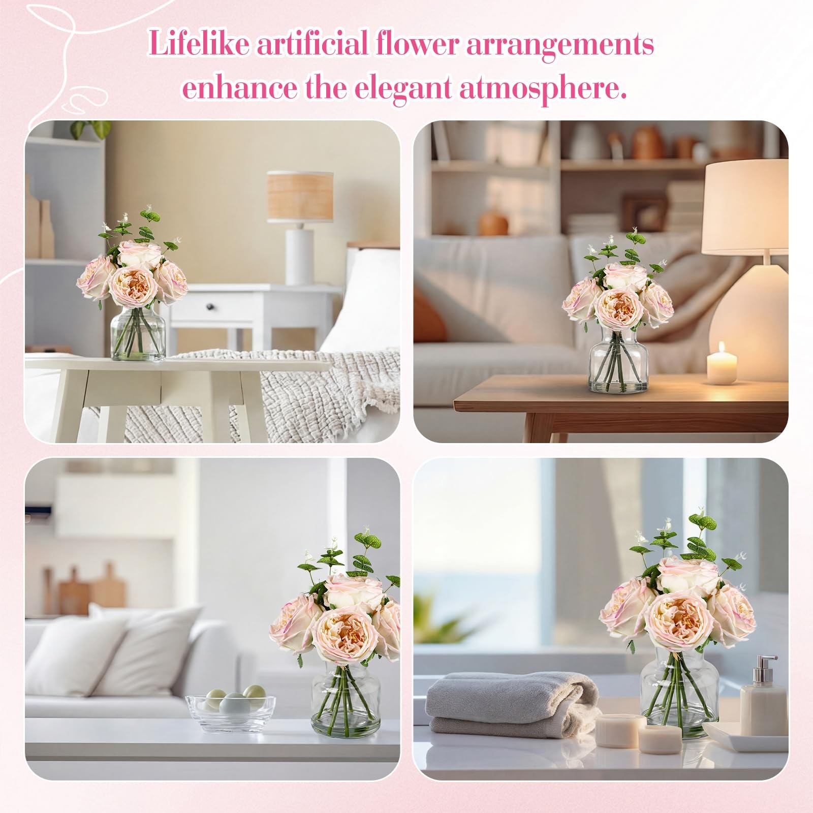 Real Touch Peonies Artificial Flowers Faux Austin Rose Vase Light Pink 6 PCS